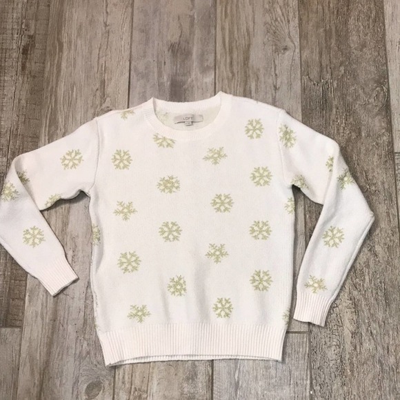 Loft Cream Gold Holiday Snowflake Sparkle crew neck sweater size small - Picture 2 of 6